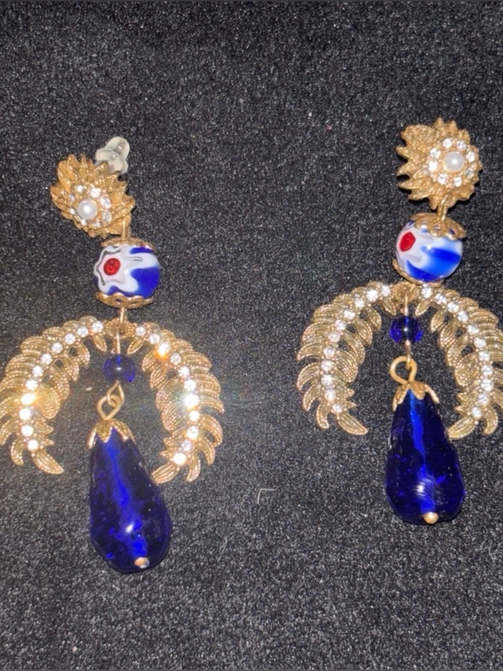 Gold-tone Blue Teardrop Dangle Earrings